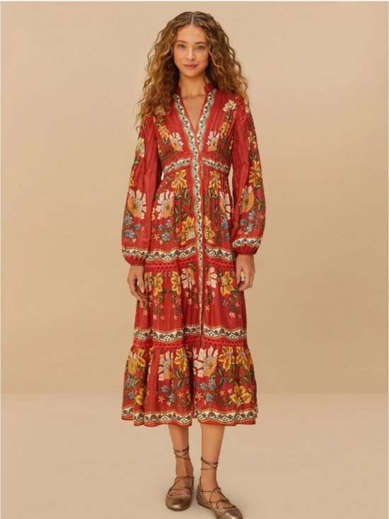 FARM Rio Dresses & Skirts - FARM RIO Red Garden Delight Long Sleeve Midi Dress